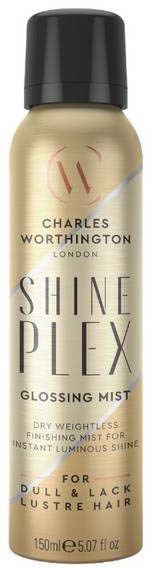 Shine Plex Glossing Mist fles met zwarte dop, goudkleurig, tekst voor glans en dof haar.