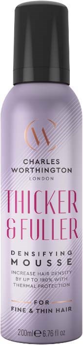 Een paarse fles Charles Worthington Thick & Fuller mousse voor fijn haar, met zwarte dop, 200 ml.
