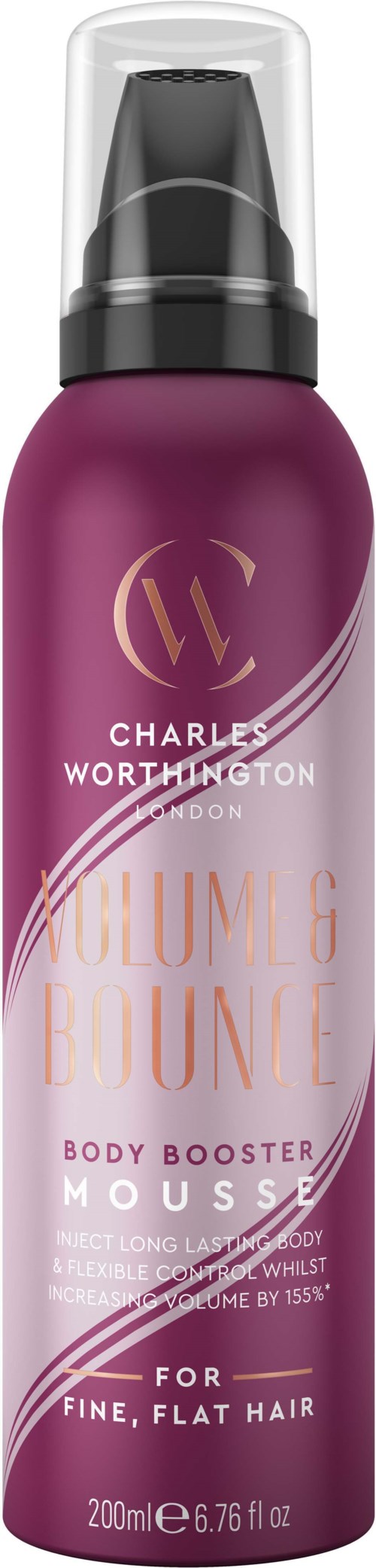 Een paarse fles Charles Worthington volume mousse voor fijn, plat haar met een body-booster formule.