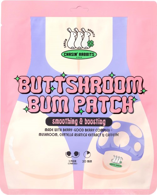A pink and purple packaging for butt-shroom bum patches with cartoon mushrooms and bums, mentioning soothing and boosting effects.