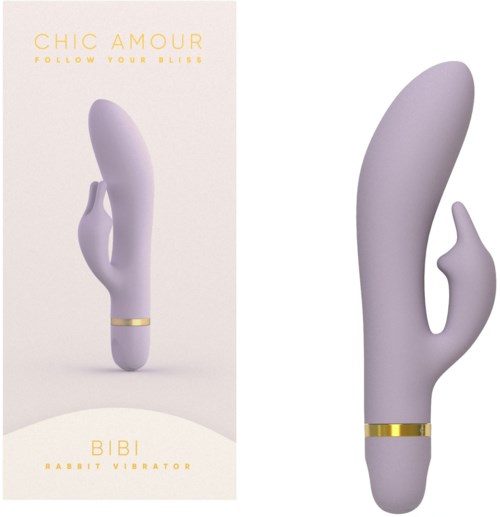 Een lavendelkleurige konijnvibrator met een gebogen vorm en een kleine arm, met een gouden band, getoond in twee beelden.