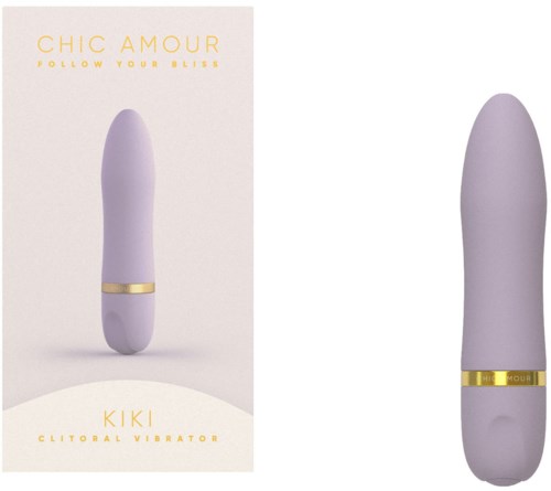 Een paarse, sierlijke gebogen toy met een gouden ring, genaamd Kiki, voor intiem plezier.
