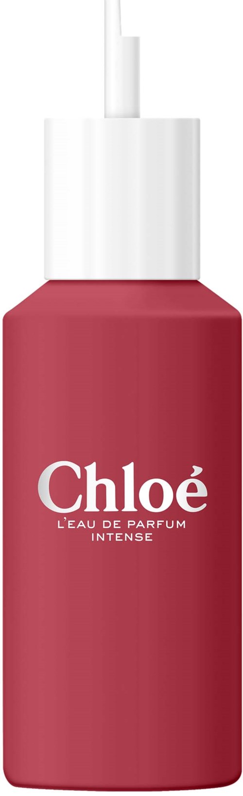 Een roze fles met witte dop, met label 'Chloé L'eau de Parfum Intense', voor parfum of geur.