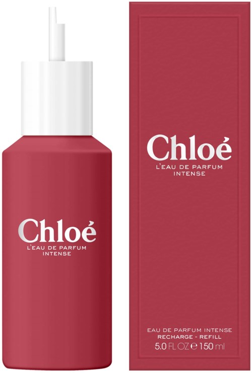 Een rood parfumflesje met een witte dop en een bijpassend rood doosje met Chloe L'eau de Parfum Intense.