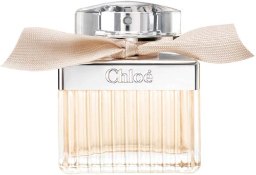Chloé-hajuvesipullo, jossa beige-rusetti ja läpinäkyvä korkki, tyylikäs ja naisellinen muotoilu.