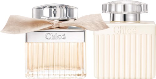 Two Chloe perfume bottles, one with a beige ribbon and the other plain, display elegant designs and clear caps.