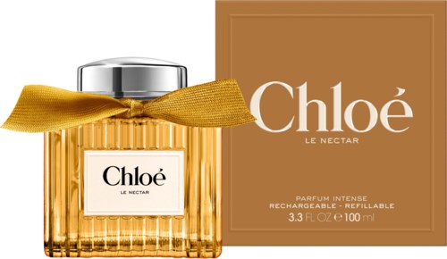 Chloé Le Nectar parfyller med guldsnöre och en brun box i bakgrunden.