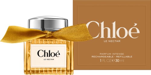 Chloé Le Nectar parfymflaska med guldband och brun boxförpackning.