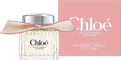 Chloe Parfümflasche mit rosa Schachtel und Schleife, gekennzeichnet Luminous Eau de Parfum, 30 ml.
