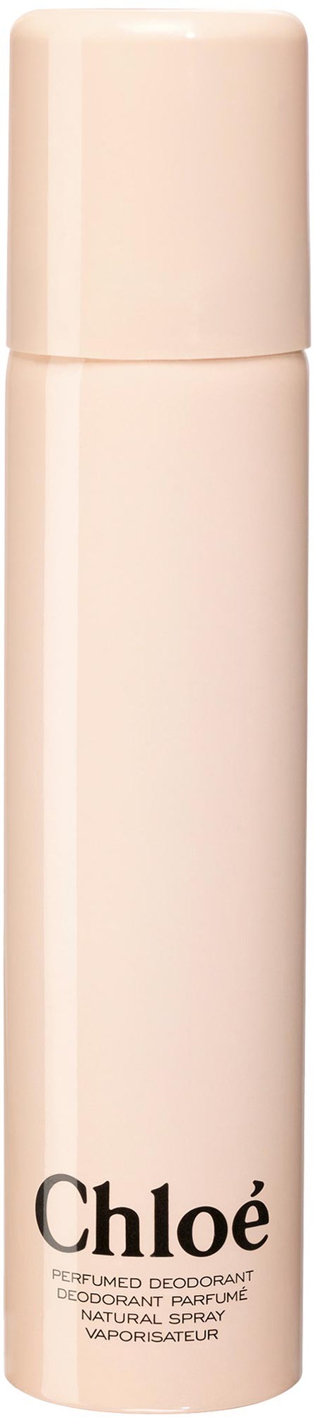 Een roze deodorant sprayfles met de naam 'Chloé'.