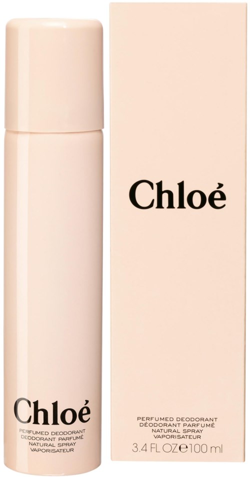 Chloé parfum deodorantflesje naast een bijpassende doos, lichtroze kleur, elegant ontwerp, 100 ml.