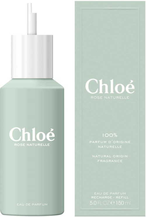 Een Chloé parfumfles en doos, lichtgroene kleur, witte tekst, toont natuurlijke oorsprong en navulfles.