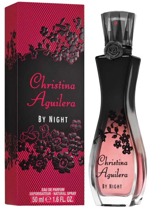 En parfyllflaska och förpackning med svarta, rosa och blommiga motiv, med etiketten "Christina Aguilera BY NIGHT."