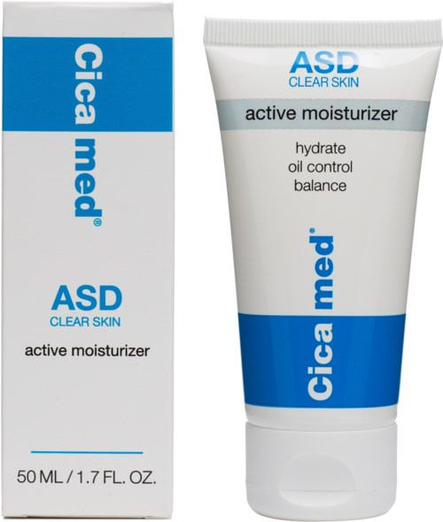 A box and tube of ASD Cica Med active moisturizer for skin hydration and oil control.