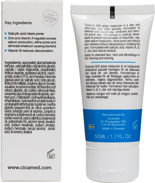 A skincare product with instructions, ingredients, and Swedish language info on a white tube and box.
