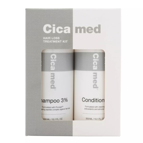 A kit contains shampoo and conditioner bottles with gray and white packaging, labeled for hair loss treatment.