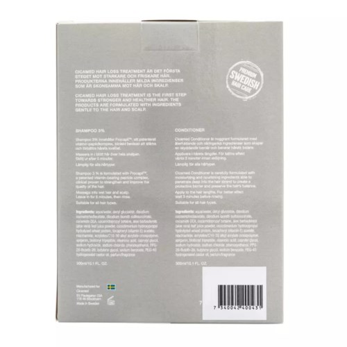 Gray box with text about Swedish hair care shampoo, ingredients, and directions, including a barcode and a logo.