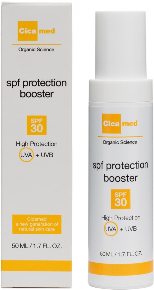Eine weiße Flasche und eine Box mit Cica med SPF 30 Schutz-Booster, 50 ml, UVA- und UVB-Schutz.