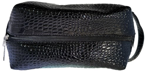 A black bag with a textured, crocodile pattern and a zipper on the front.