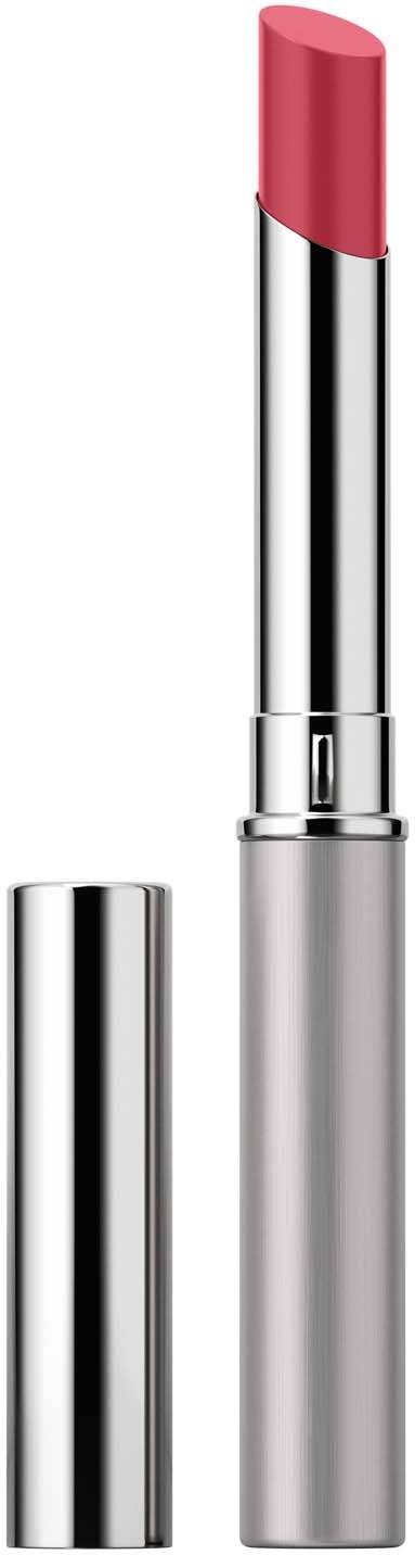 Een roze lippenstift met zilveren verpakking en de dop ernaast.