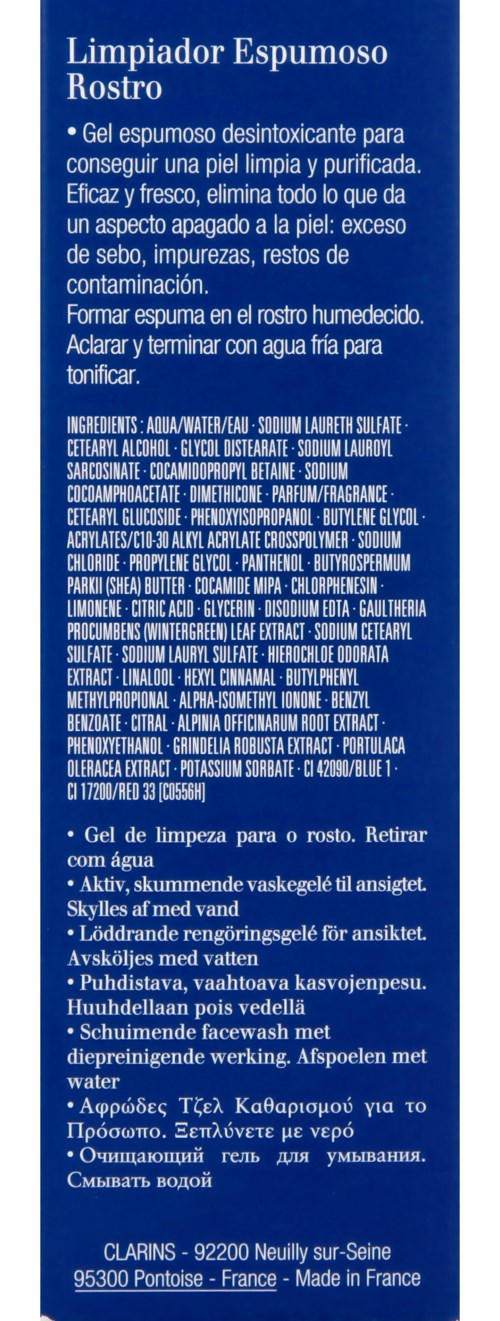 Sininen etiketti, jossa valkoinen teksti kuvaa kasvojen puhdistusgeeliä, sisältää ainesosat ja käyttöohjeet.
