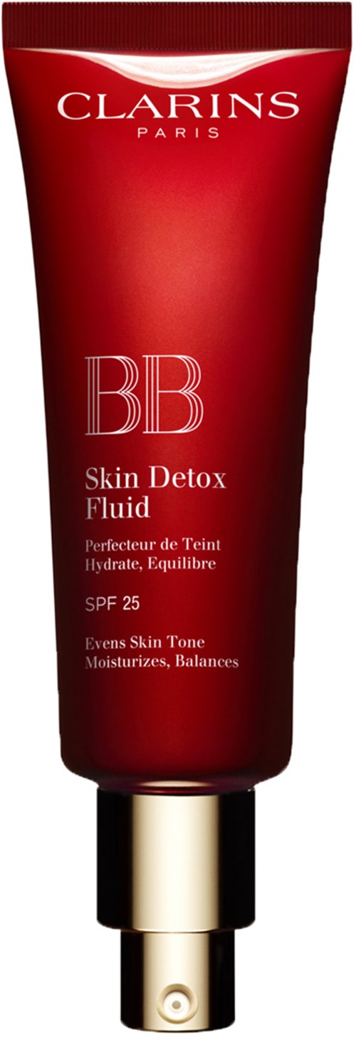 Een rode tube van Clarins BB Skin Detox Fluid met SPF 25, ontworpen voor gebalanceerde, gehydrateerde en egale huid.