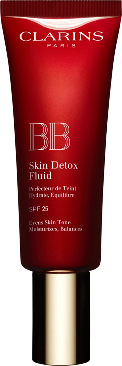 A red tube of Clarins BB Skin Detox Fluid with SPF 25, designed for skincare and hydration.