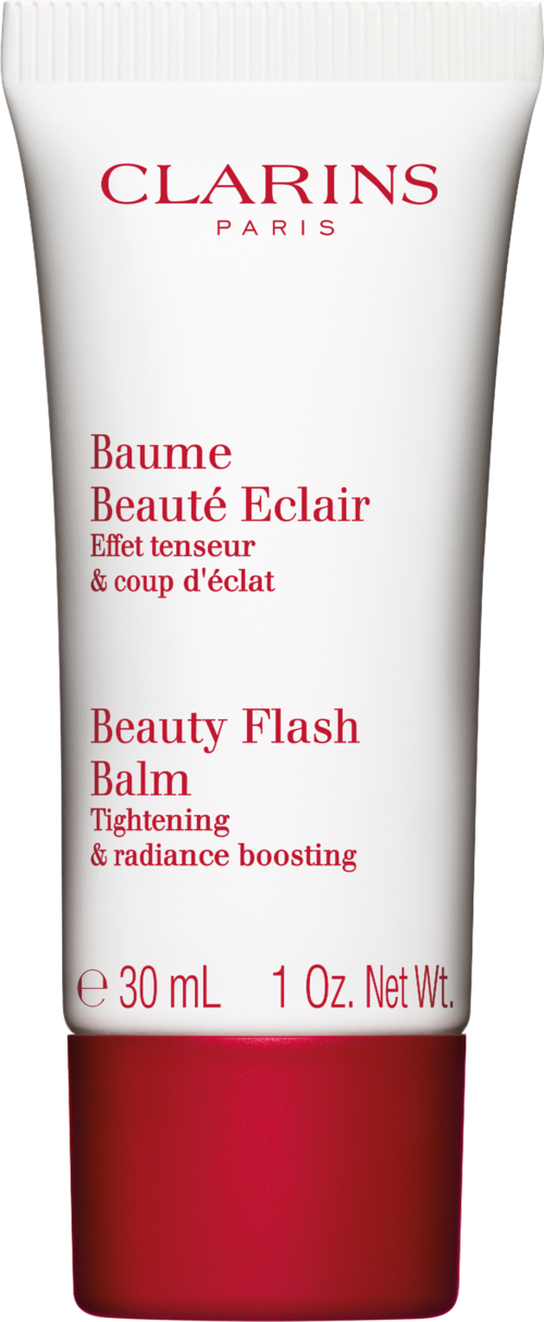 En vit och röd tub märkt Clarins Paris, innehållande en stramande och glow-förbättrande skönhetsbalsam, 30 ml.