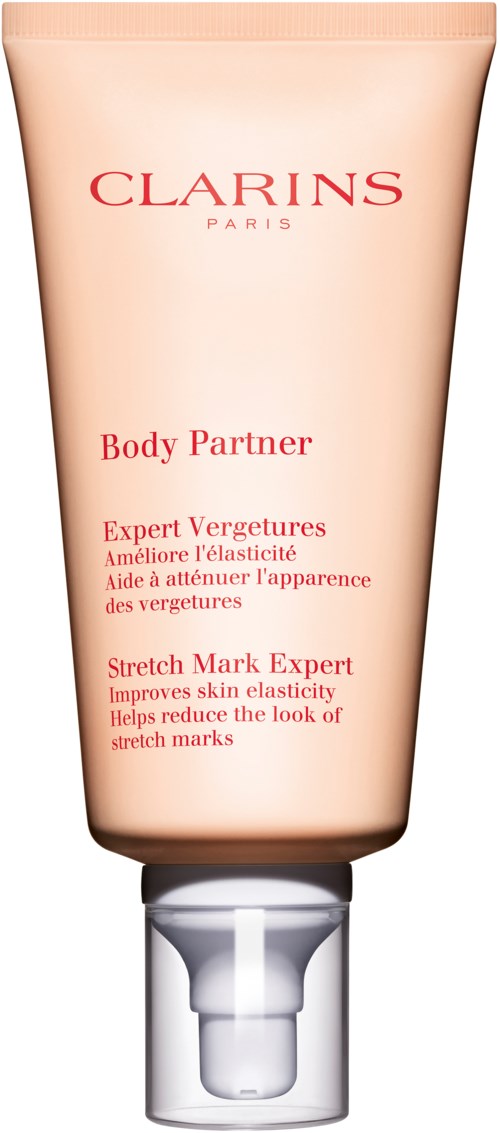 Een roze tube Clarins Body Partner-crème, die de elasticiteit van de huid verbetert en striae vermindert.