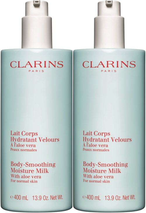 Two bottles of Clarins body moisturizer with aloe vera for normal skin. They are light blue and have white caps.