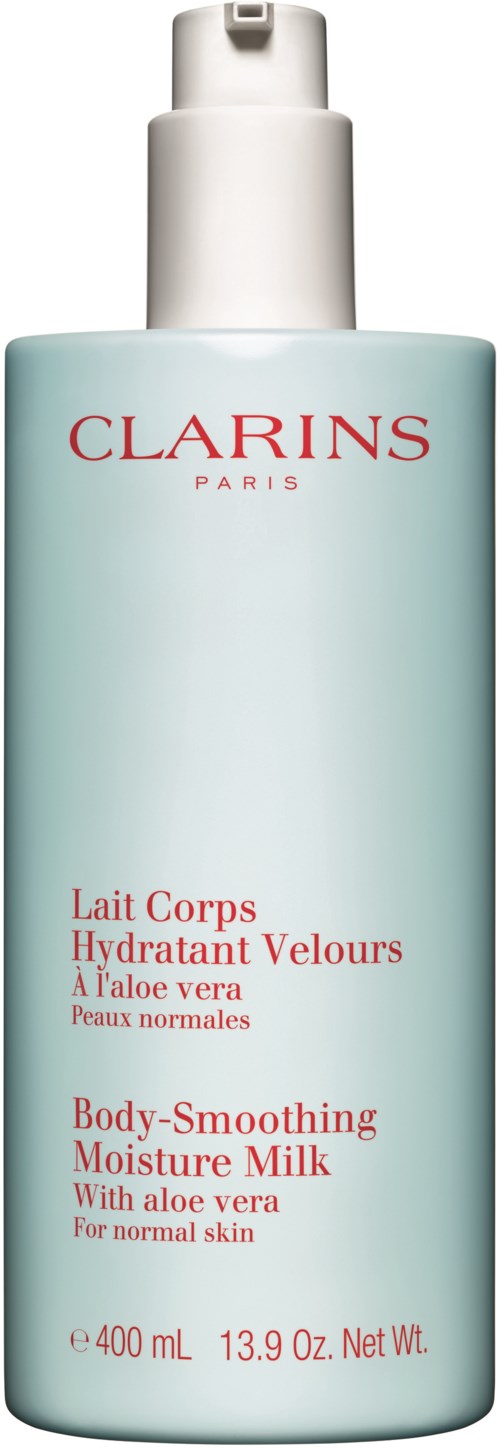 A tall light blue bottle with a white pump lid. It has red and black text, includes the brand Clarins, and promotes body moisture with aloe vera.