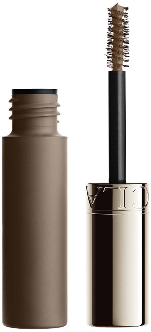 A brown mascara tube with a silver cap and a brush applicator. The brush has many bristles for applying mascara.