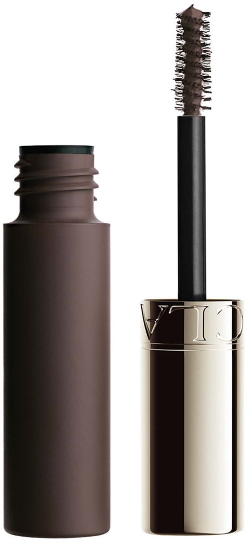 A brown mascara tube with an open brush showing the mascara product inside.