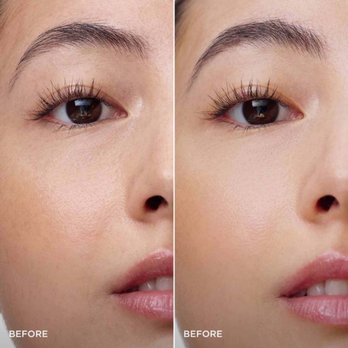 Side-by-side comparison of a woman's face showing before and after skincare or makeup improvement.