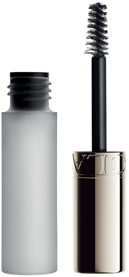 A grey tube with a black screw-on lid and an open mascara wand with black brush inside.