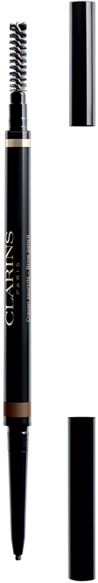 A brown eyebrow pencil with a black body, a brush on one end, and a cap, displayed vertically.