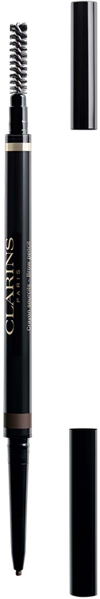 A makeup eyebrow pencil with a brush and cap, black body with white text, and a small removable cap.