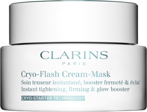 En vit burk av Clarins Cryo-Flash Cream-Mask med blå och silver text, beskriver den som en firmande och glow-boosters.
