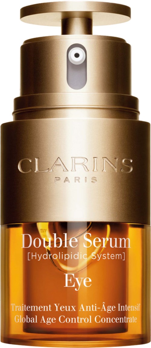A gold pump bottle of Clarins Double Serum Eye, a skincare product for anti-aging and eye health.
