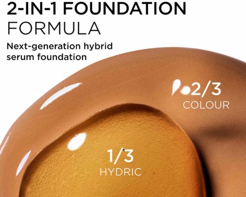Teksten forklarer en foundation med tre deler: 1/3 hydrik, 2/3 farge, neste-generasjon hybrid serum.