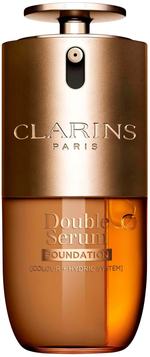En gullfarget og ravfarget flaske av Clarins Paris Double Serum Foundation med et elegant design.