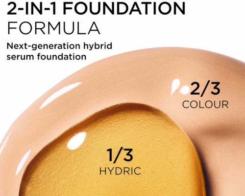 Tekst som forklarer en foundation med to-farget design, som viser forskjellige nyanser for hydric og farge.