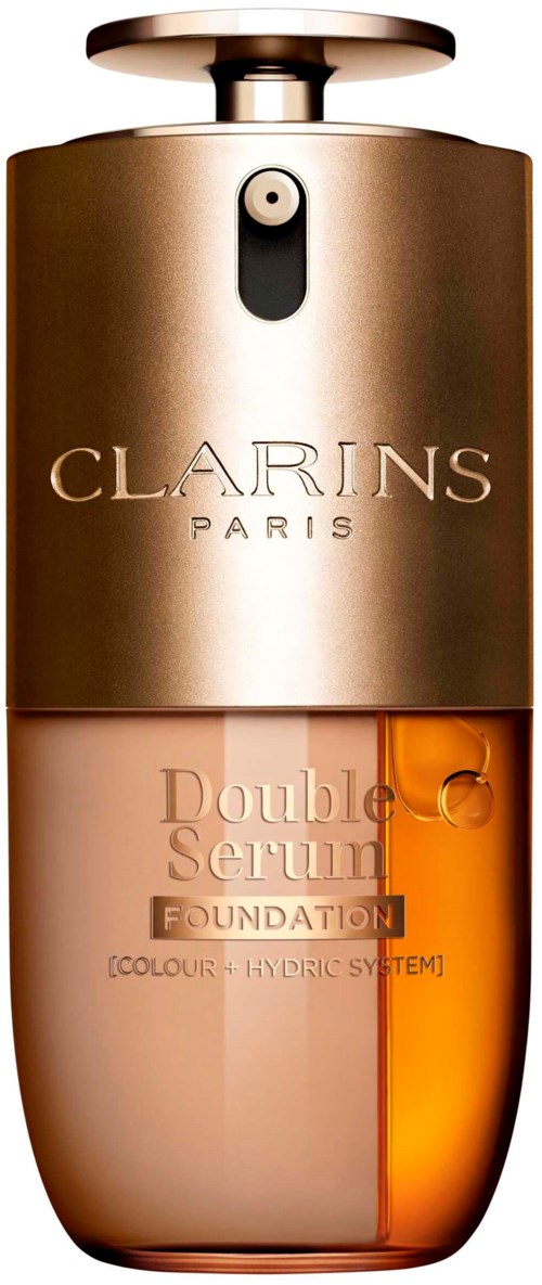 En gullfarget og orange flaske med Clarins Paris Double Serum Foundation og pumpe.