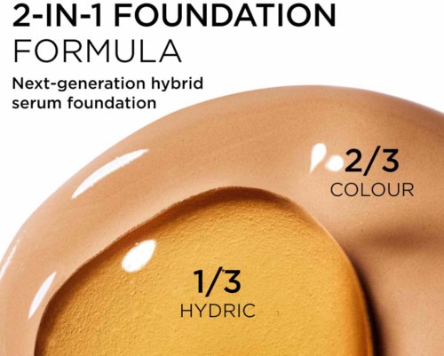 En foundation med to deler, hydric og farge, som blandes på en buet overflate.