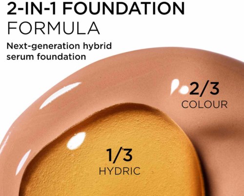 Bildet viser en foundation med tre deler: 1/3 hydric, 2/3 farge og en blanding for en hybrid serumformel.