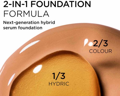 Et grunnlagsbilde viser beige og mørkere brun makeup med tekst som beskriver en 2-i-1 hybridserumgrunn, med vekt på ingrediensforhold.