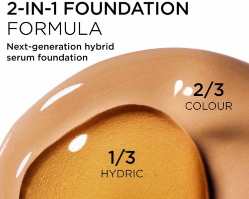 Bildet viser en makeupfoundation med en etikett som forklarer dens todelte formel: to tredjedeler farge og en tredjedel hydric.