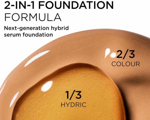 Tekst forklarer en fundamentformel med deler hydric og farge, som viser hvordan produktet blandes for huden.