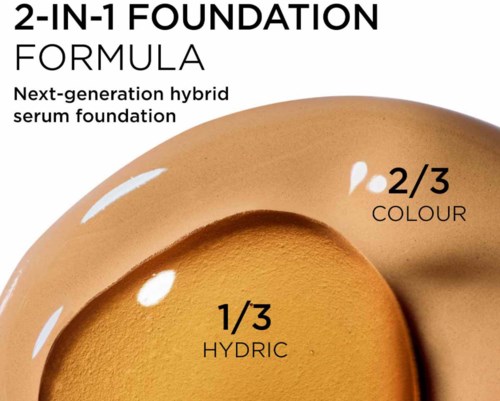 Teksten forklarer en base for sminke med to deler: hydric og farge, neste generasjon hybrid serumgrunn.