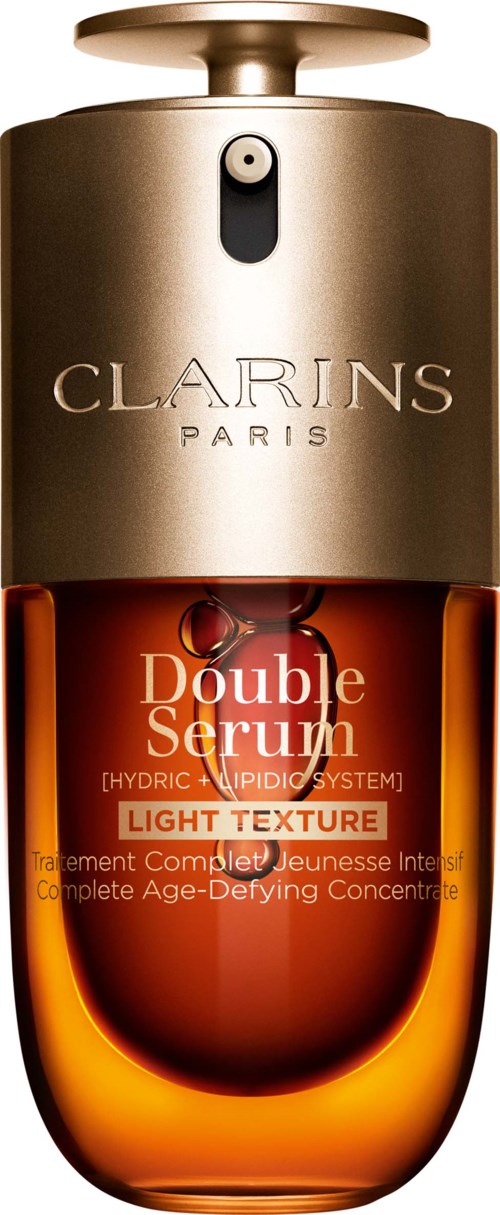 Clarins Paris Double Serum -pullossa, jossa hopeanvärinen kansi ja oranssi sisältö.